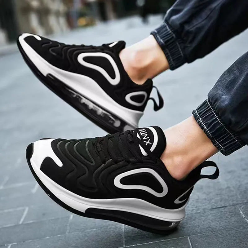 Men's black casual sneakers with air cushion technology and thick sole design