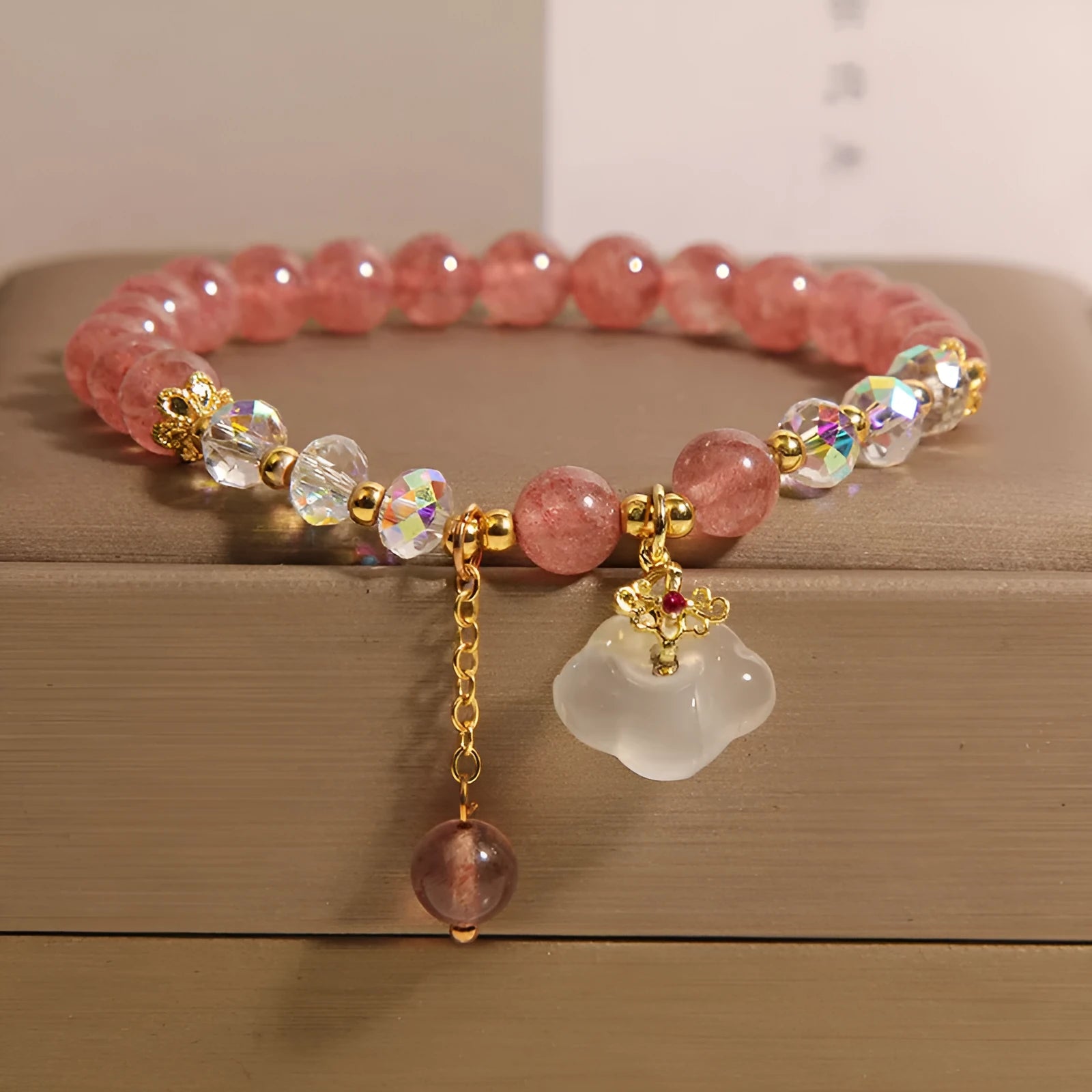 Adjustable strawberry quartz and white agate crystal bracelet with auspicious cloud charms