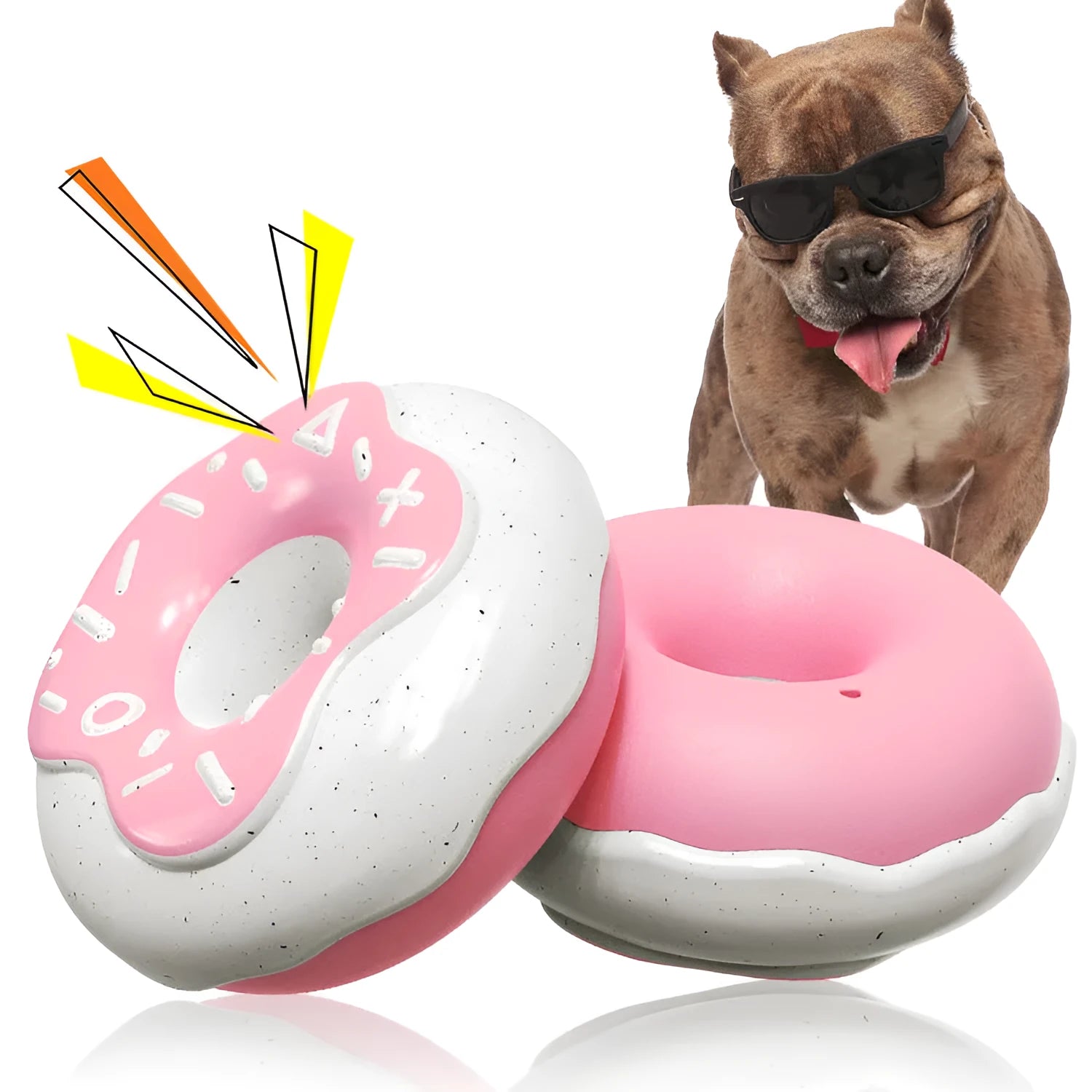 TPR donut-shaped dog chew toy in pink yellow chocolate colours with textured surface for dental cleaning
