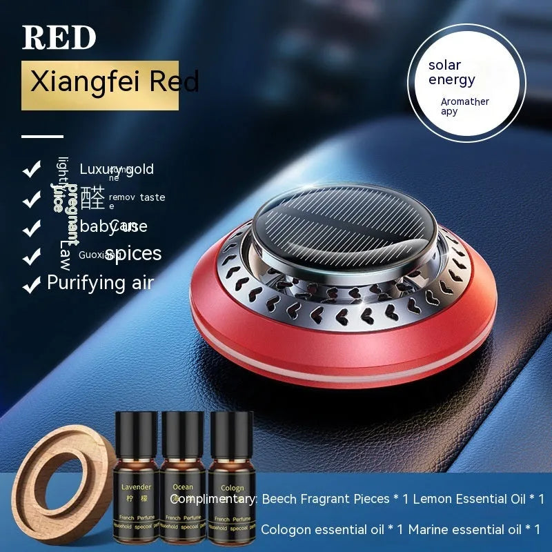 Solar-powered aluminium alloy car air freshener in black, red, or silver for odour removal.