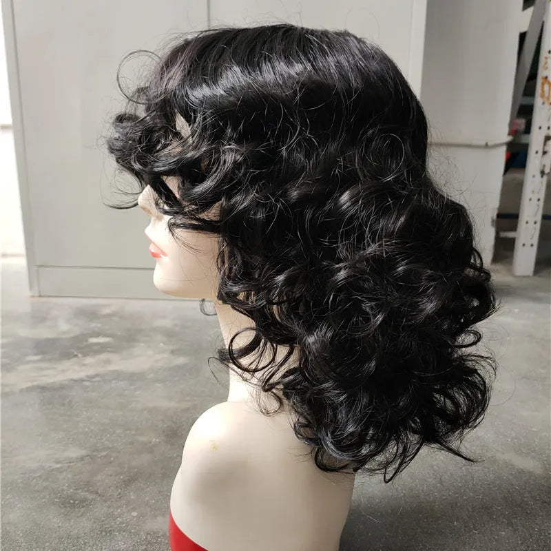 Black synthetic afro wig with long curly African style texture on display