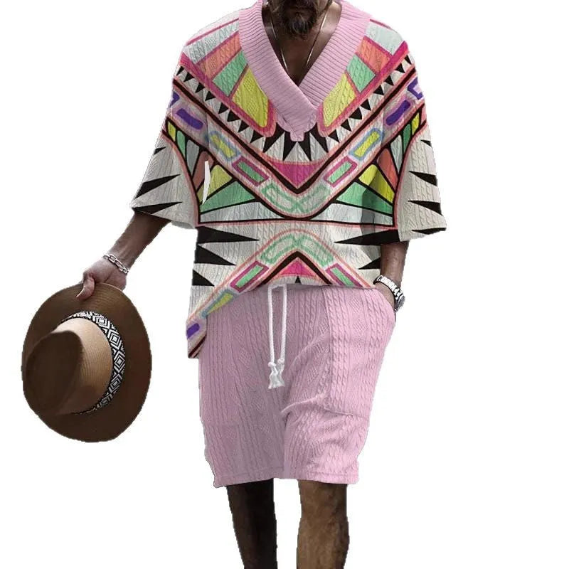 Man wearing a loose fit casual short sleeve top and matching shorts suit set