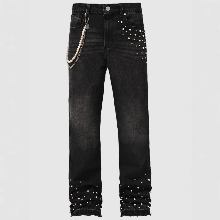 Men's street fashion elastic diamond denim straight-leg pants in light blue and black, cotton, sizes S to XL