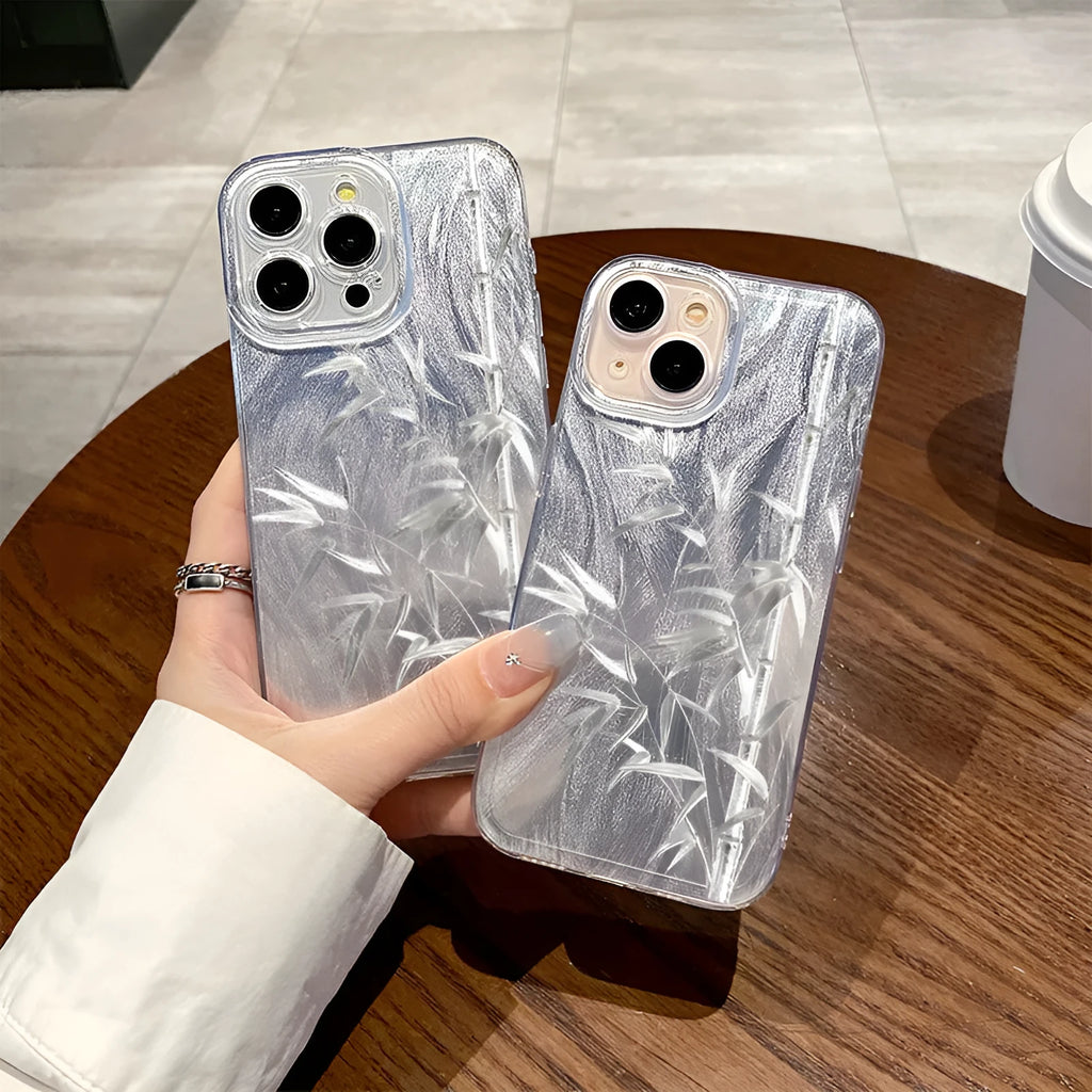 Silver feather yarn silver bamboo acrylic phone case for iPhone with textured feather sand shell finish