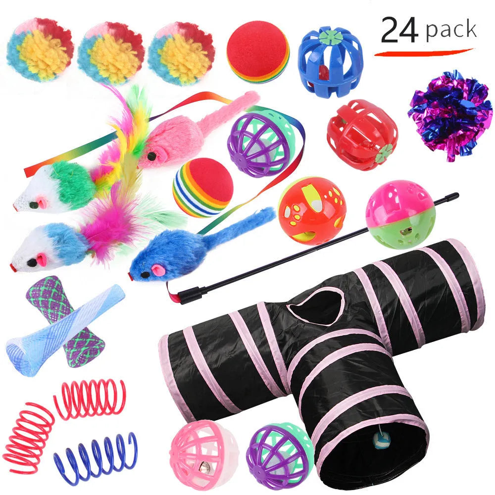 Plastic cat toy channel maze set with coloured accessories for feline play