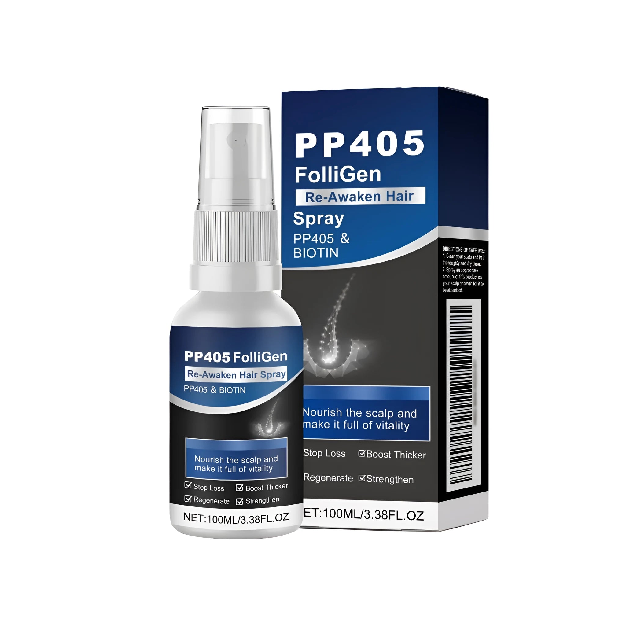 100ml bottle of clear hair nourishing spray with ginger and rosemary oils on a white background.