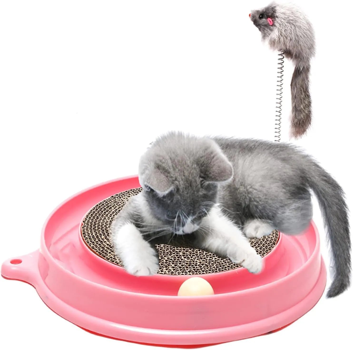 Circular blue cat scratcher with ball track and replaceable centre pad for furniture protection