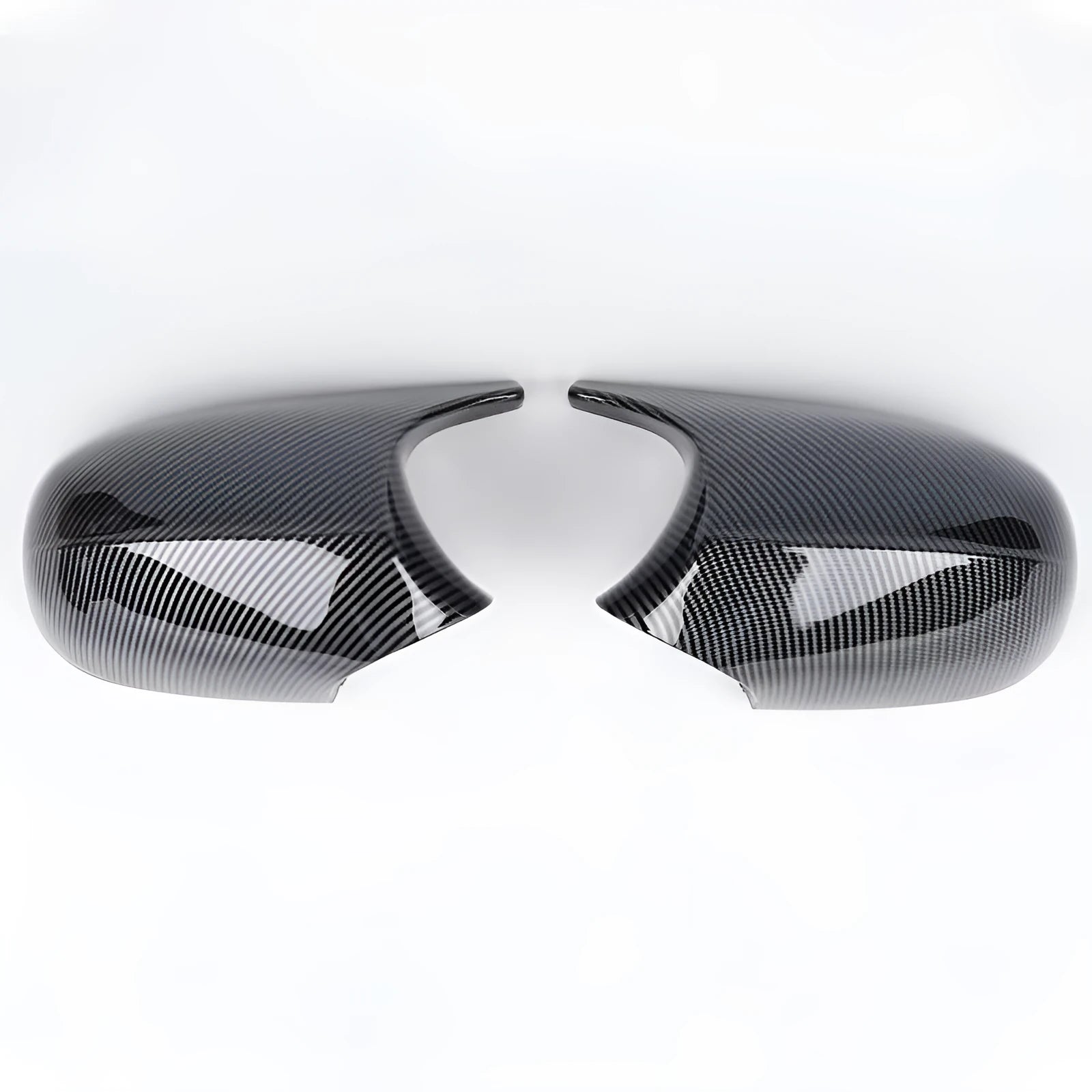Pair of black ABS plastic rearview mirror housings for BMW 3 Series E90 on a white background.