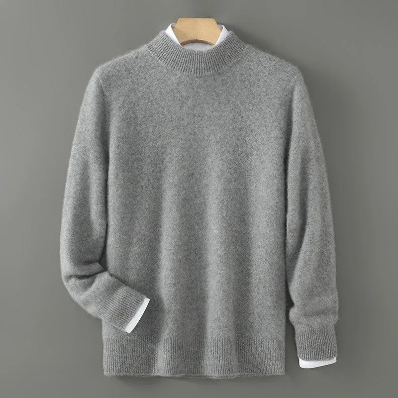Men's half turtleneck wool blend pullover sweater in beige with loose batwing sleeves, thick knit, long sleeves, plus size fit