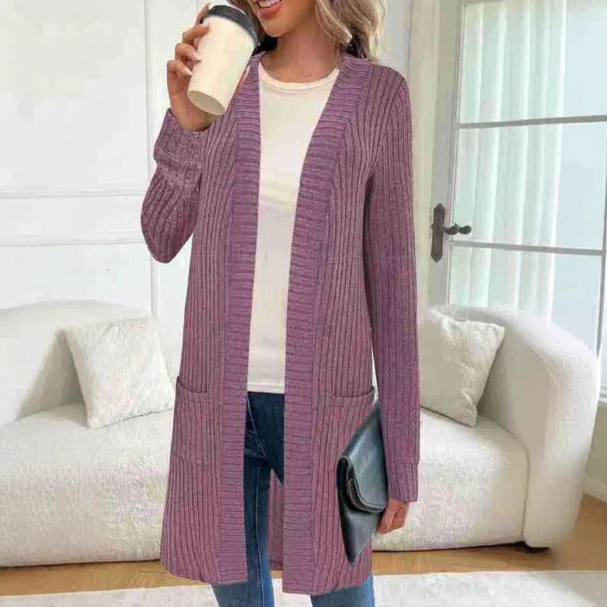 Plus size loose fit long sleeve knitted cardigan jacket in black, grey, or wine red.