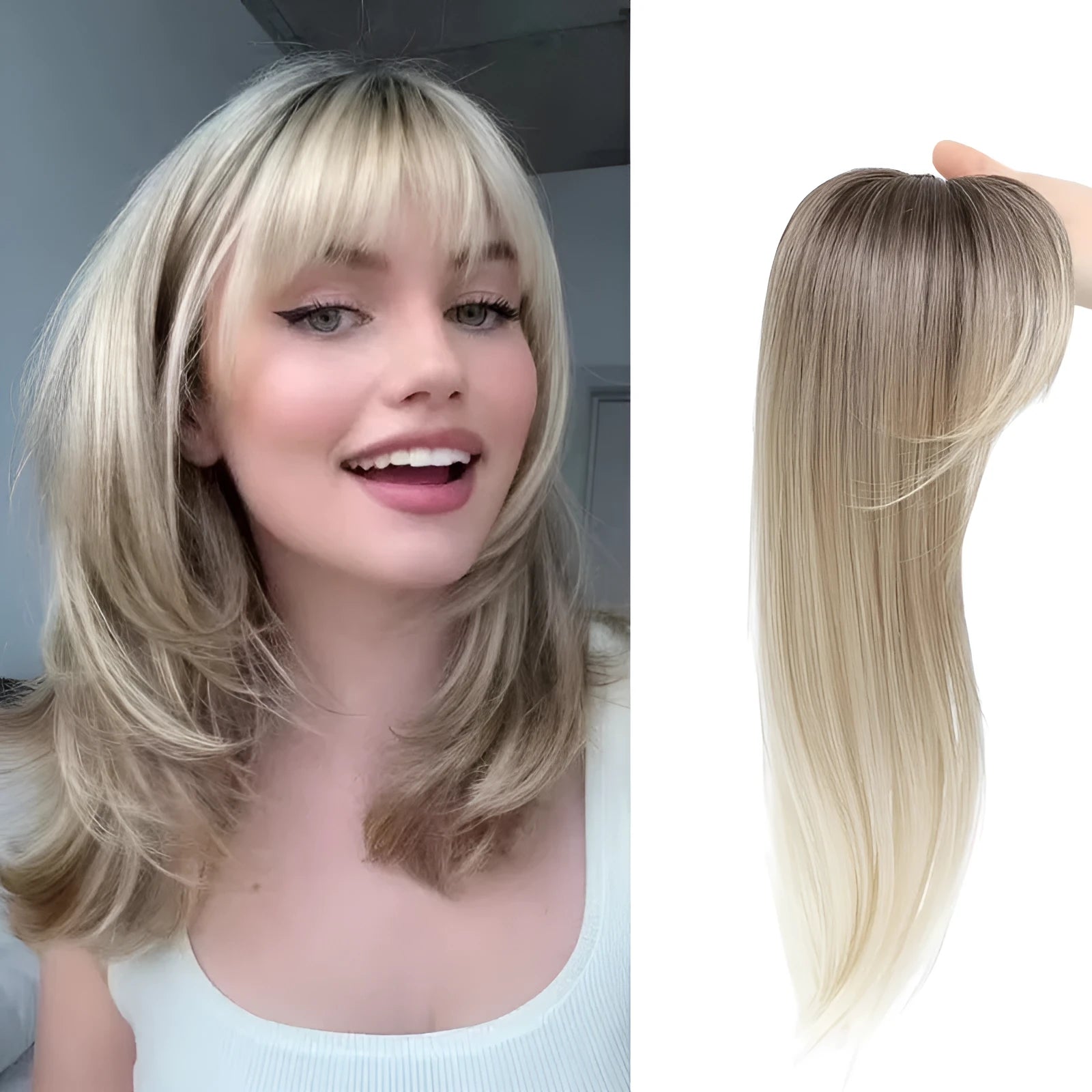 Synthetic hair clip-in wig extension with inner buckle attachment in one of six style variations.