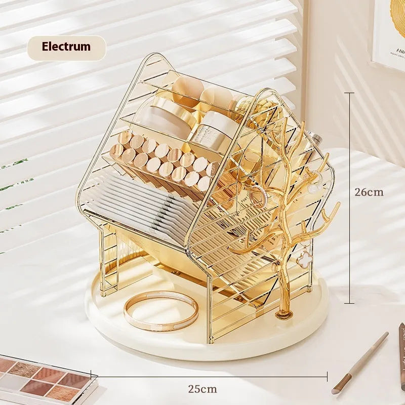 360 degree rotating cosmetics storage organiser box in clear and Amber Gold colours on a table.