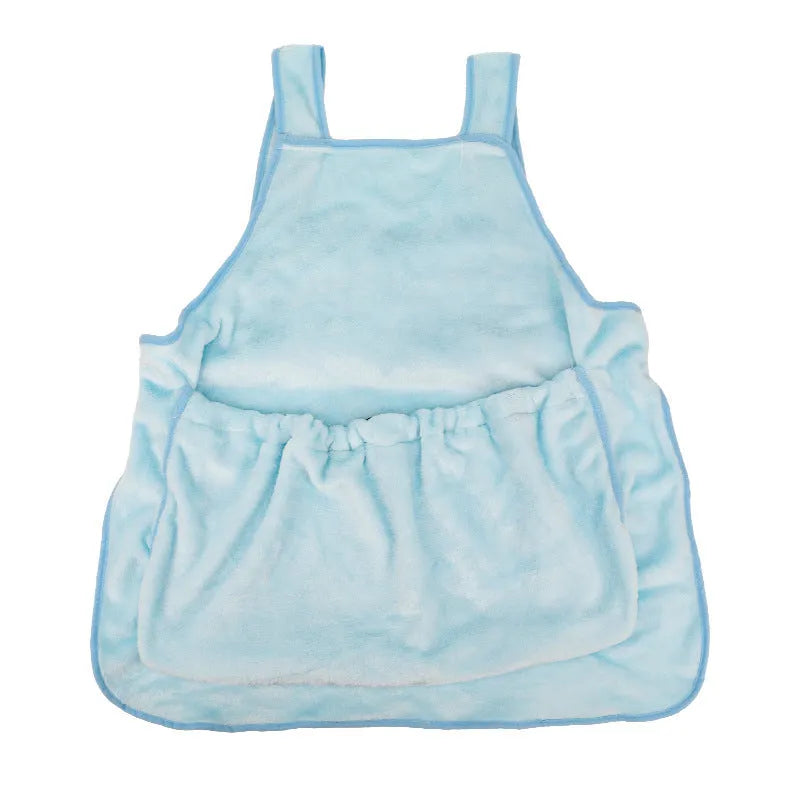 Plush pet carrier apron in beige with adjustable neck strap for small cats and dogs