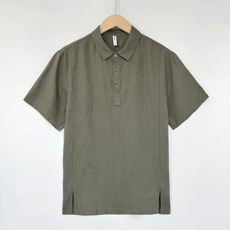 Men's loose-fit linen short-sleeved top in grey green on a hanger