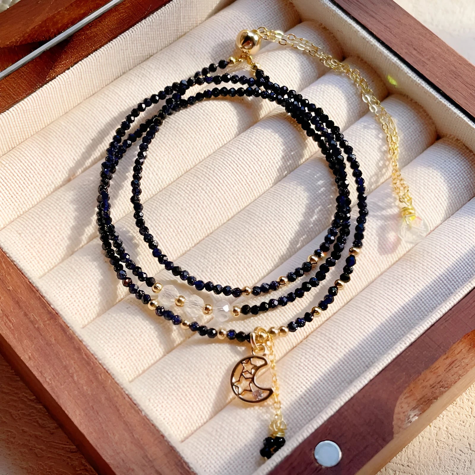 Blue sand stone three-ring multi-layer bracelet for women with gold tone components