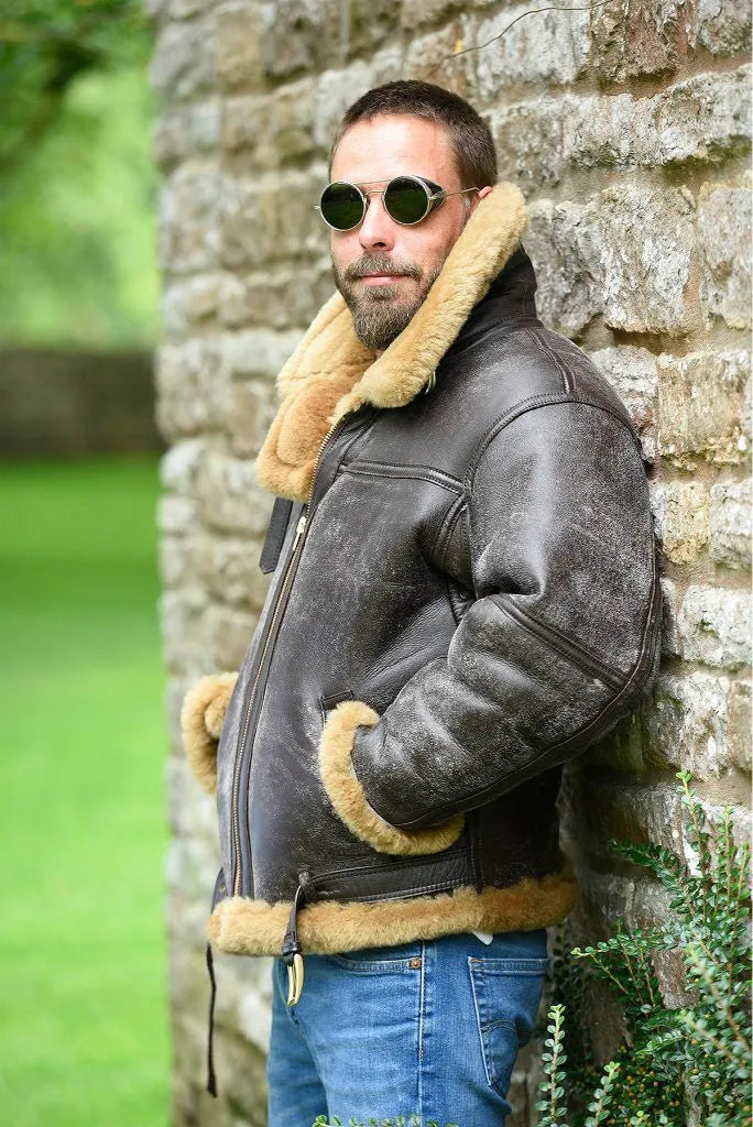 Men's brown retro style synthetic leather fur coat with side pockets and straight hem