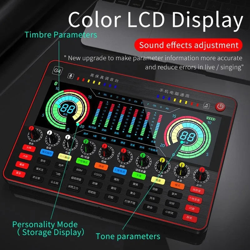 G4 professional live sound card with colour LCD screen, tuning knobs, and included microphone and cables