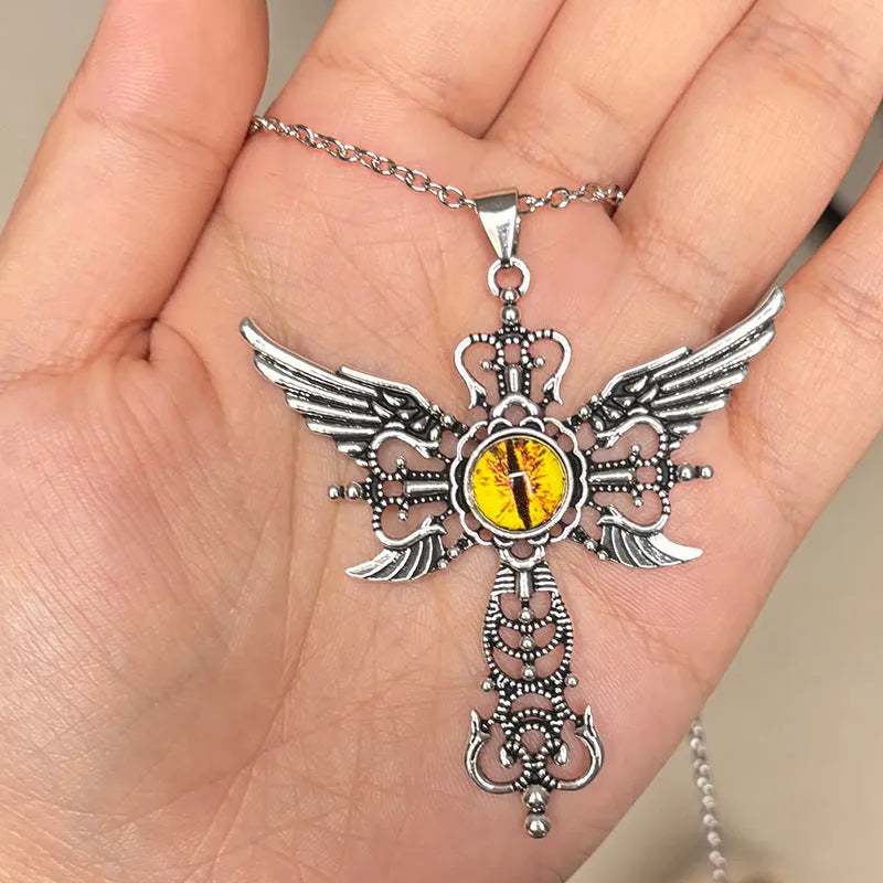 Geometric devil wings cross pendant necklace in alloy with multiple colour options