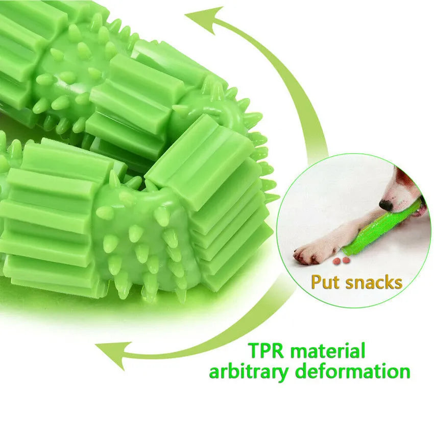 Green and orange rubber dog chew toy with treat dispensing opening and textured teeth cleaning surface