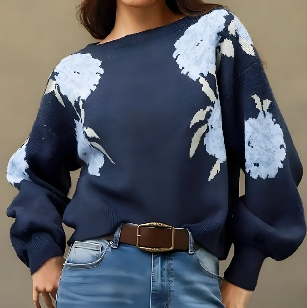 Sapphire blue women's off-neck pullover with floral jacquard pattern and loose casual fit