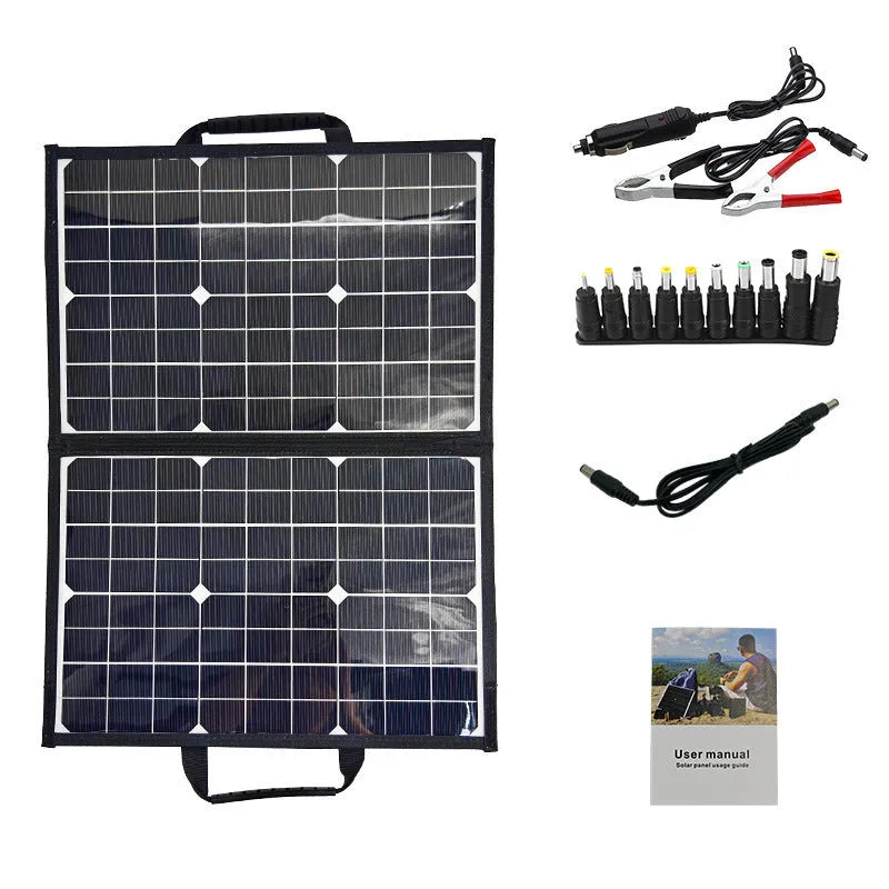 Black 40W monocrystalline solar panel in folded bag design showing compact 425mm by 285mm dimensions