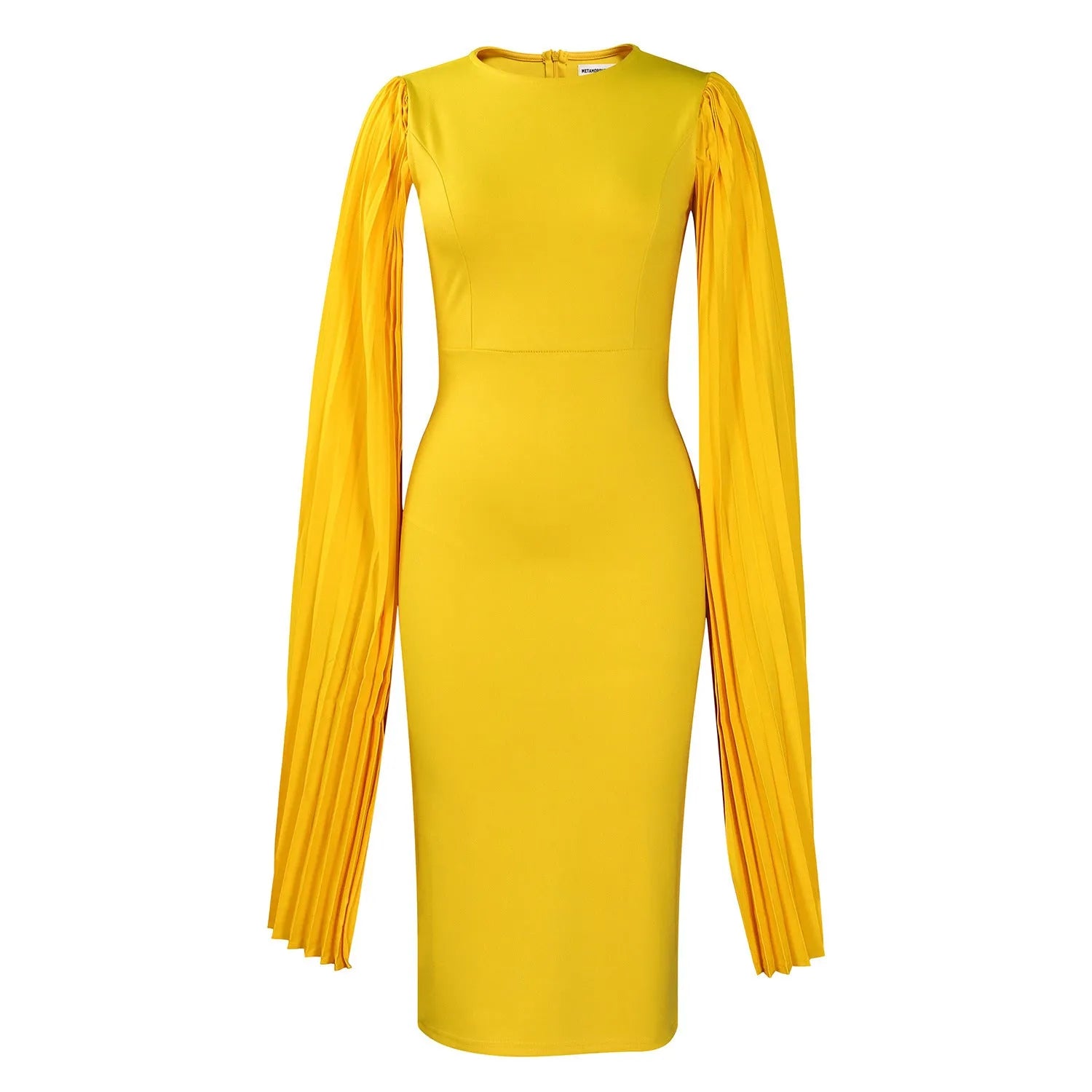 Round neck high waist evening gown with long sleeves and a pleated shawl in yellow, orange, red, or green.
