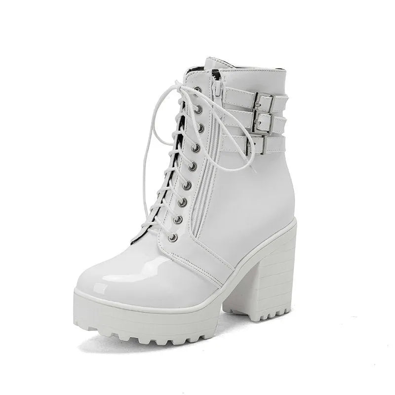 Women's black thick heel ankle boots with front lace-up and round toe