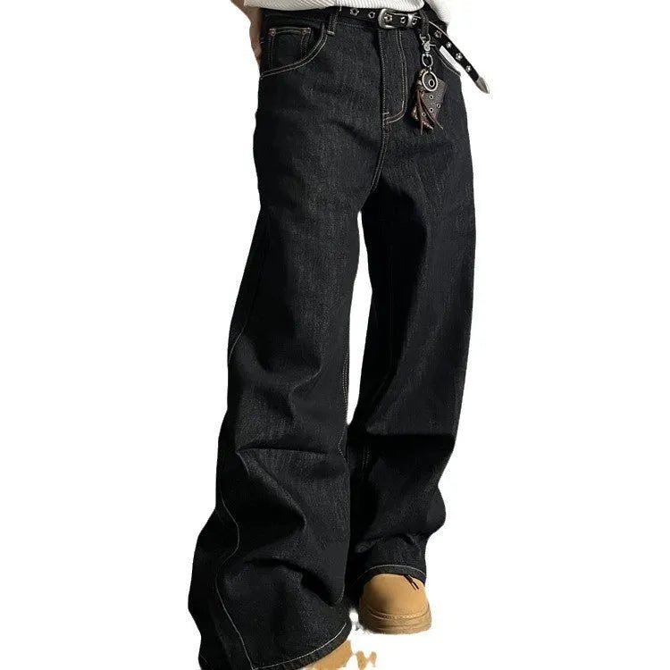 Black retro wide-leg jeans with straight-leg silhouette and mid waist design