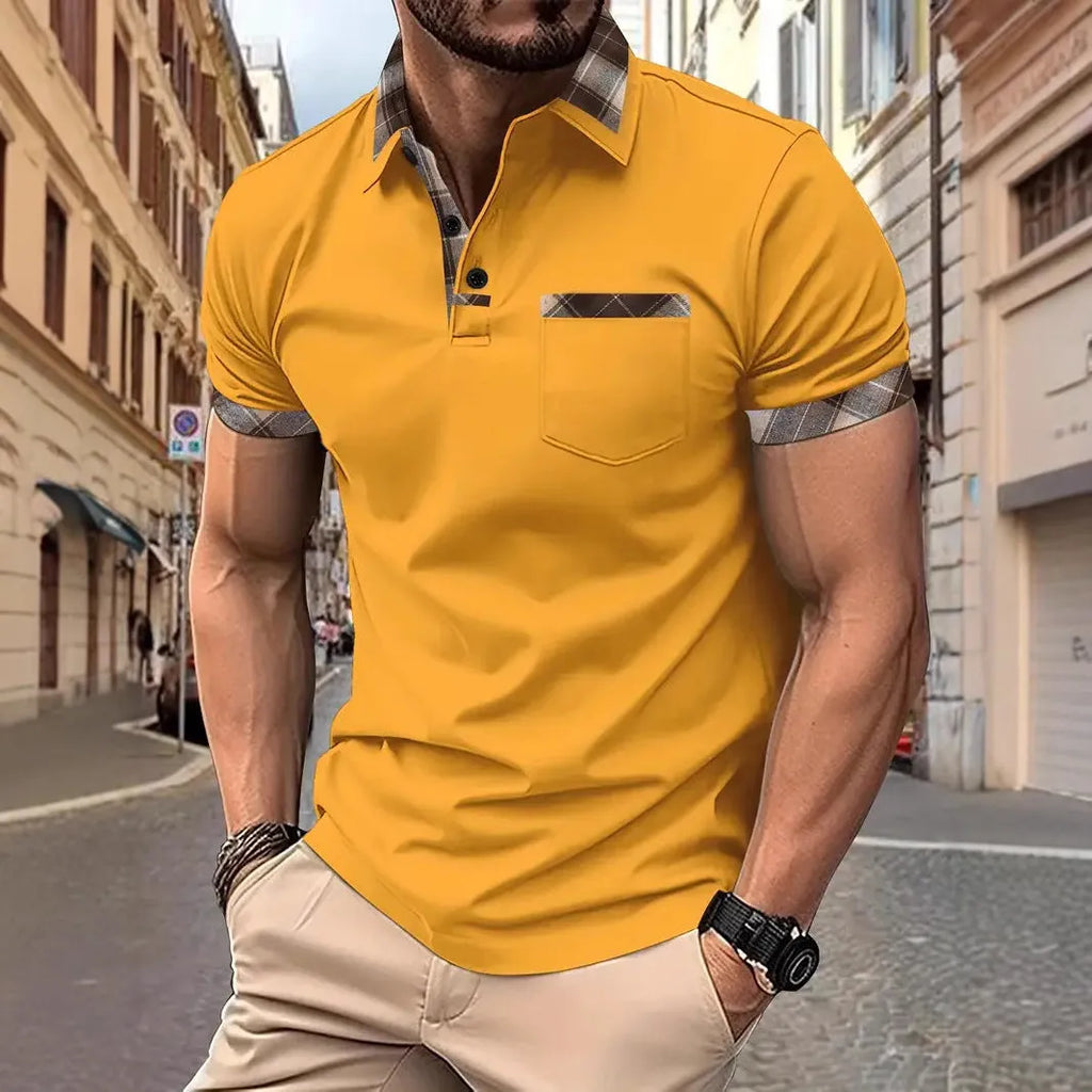 Men's loose fit plaid colourblock short sleeve T-shirt on a white background