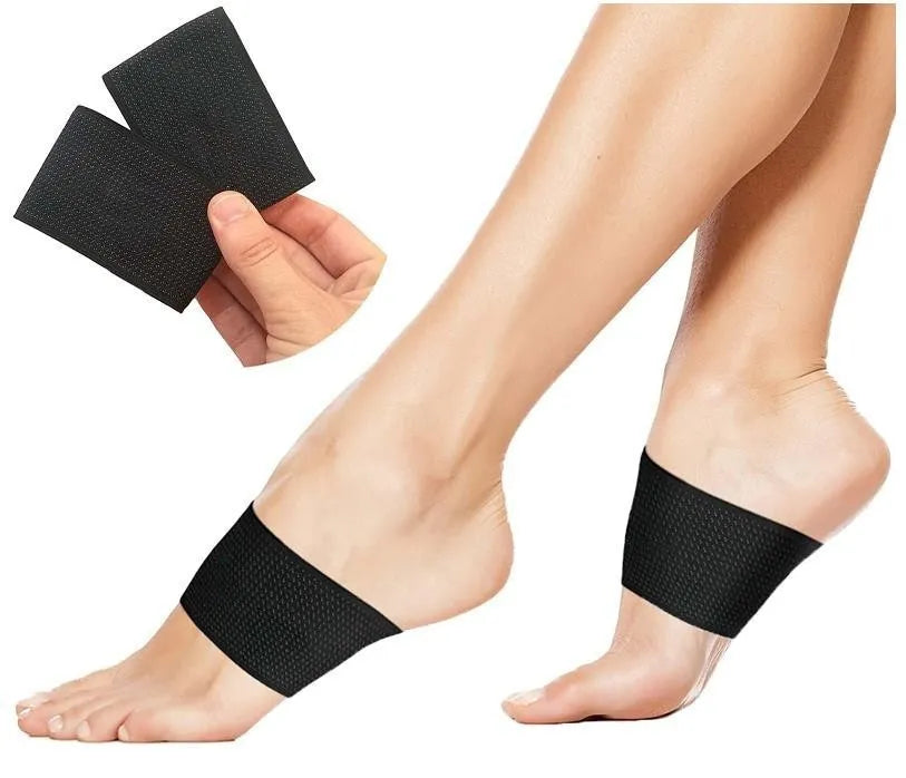 Flat foot support bandage with elastic PU construction and heart-style arch pad.