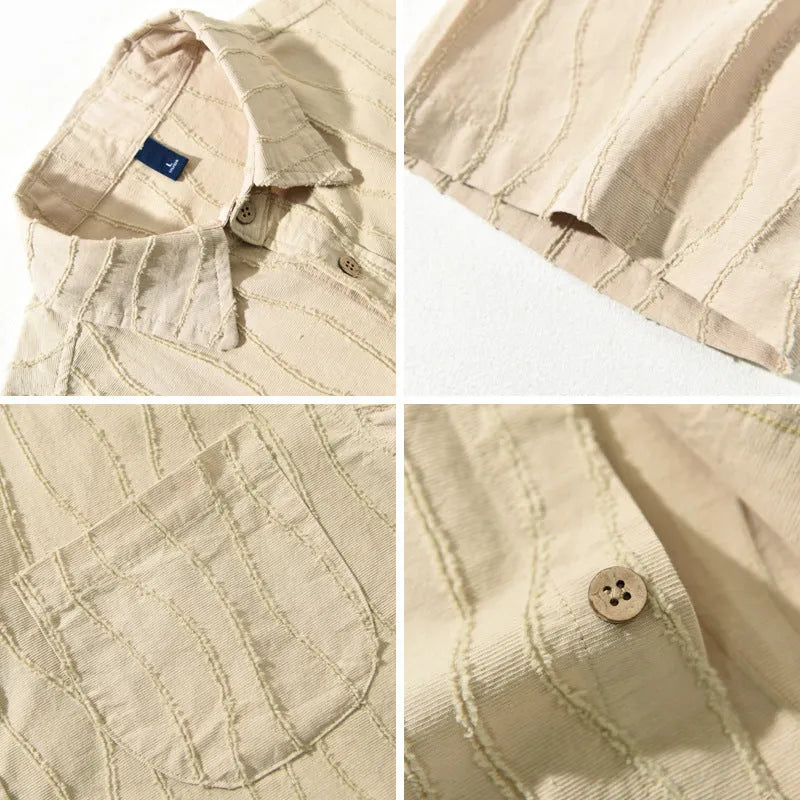 Men's loose-fitting pure cotton casual shirt in apricot colour with short sleeves.