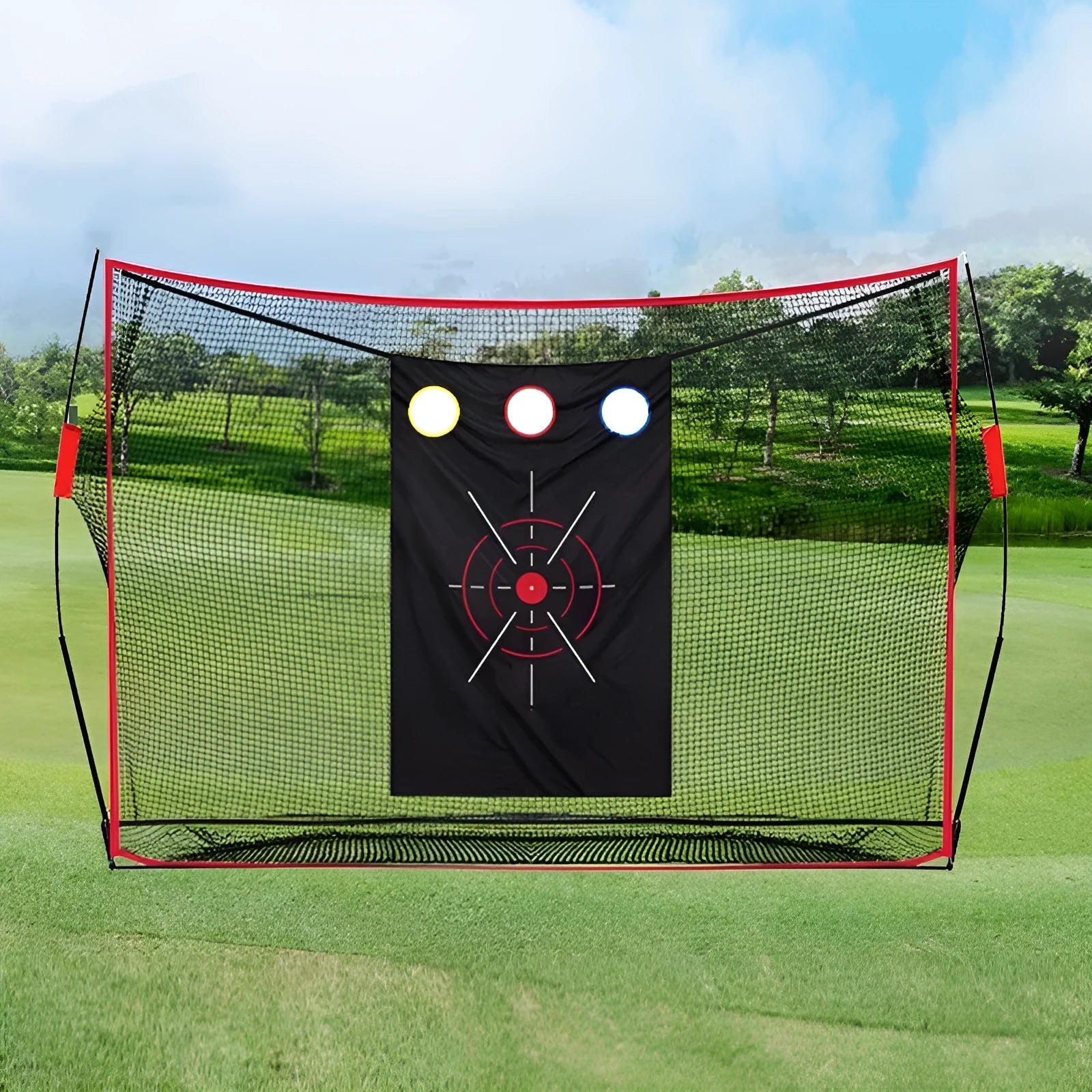 Golf wedge training net set with cross net, straw mat, practice balls and setup accessories
