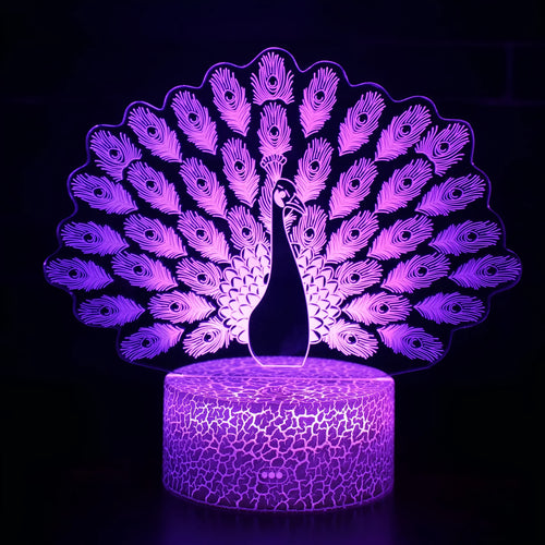 3D acrylic table lamp with colourful lighting on 9.5cm x 4cm base, showing touch controls and USB connection