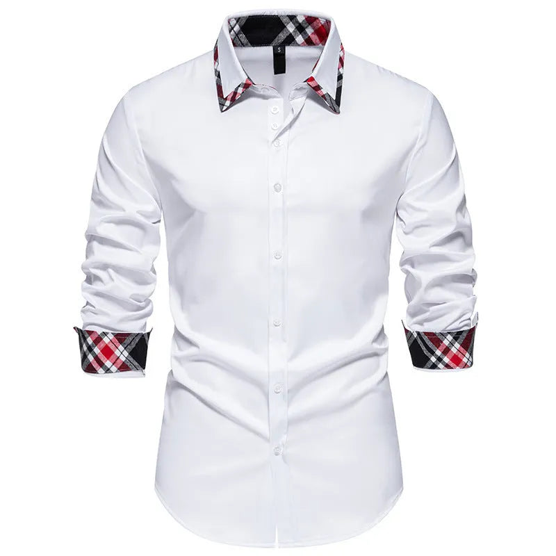 Men's plaid long sleeve shirt with contrast colour triangle collar in chemical fibre blend fabric