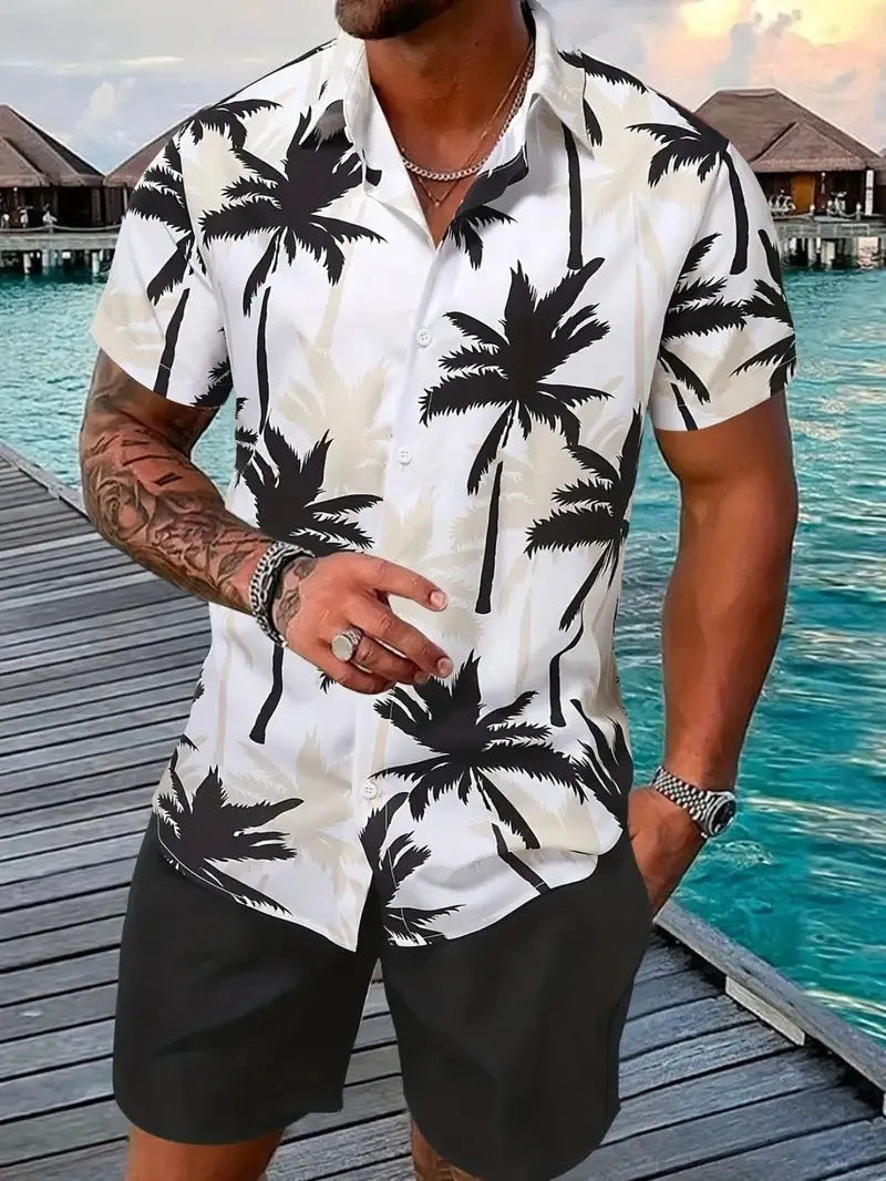 Men's Hawaiian 3D printed short sleeve suit with matching trousers in various colours