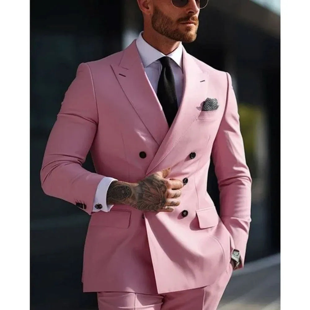 Men's grey Korean-style slim fit two-piece suit jacket and trousers on a hanger.