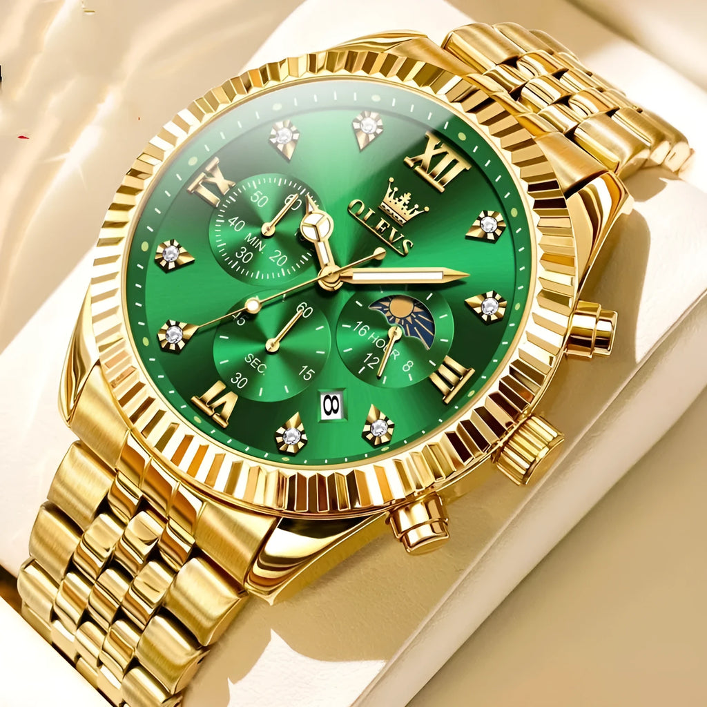 Men's full gold quartz watch with stainless steel strap, round dial, and butterfly buckle on white background