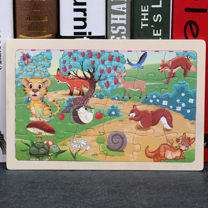 80-piece wooden animal puzzle set in iron box, designed for children aged 3 and over, featuring bear and riding themes