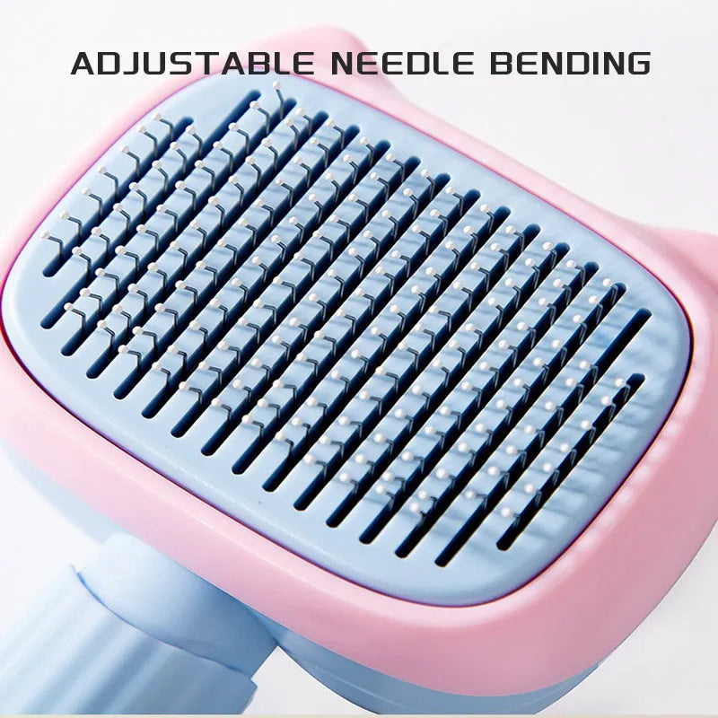 Blue pet grooming brush with double-sided deshedding rake and dematting comb tool