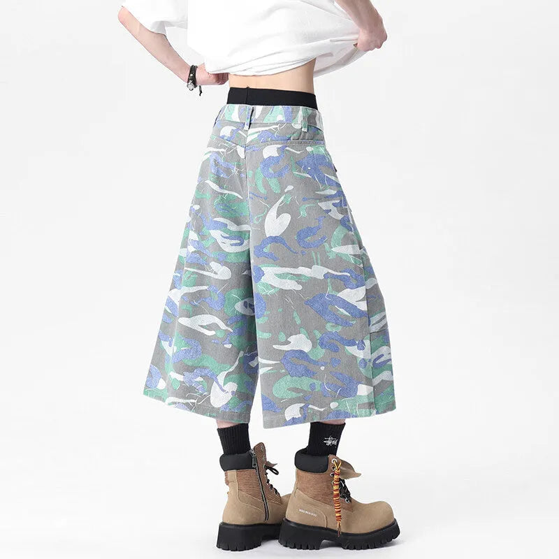 Camouflage colour cotton cropped work trousers with a straight leg and front pocket