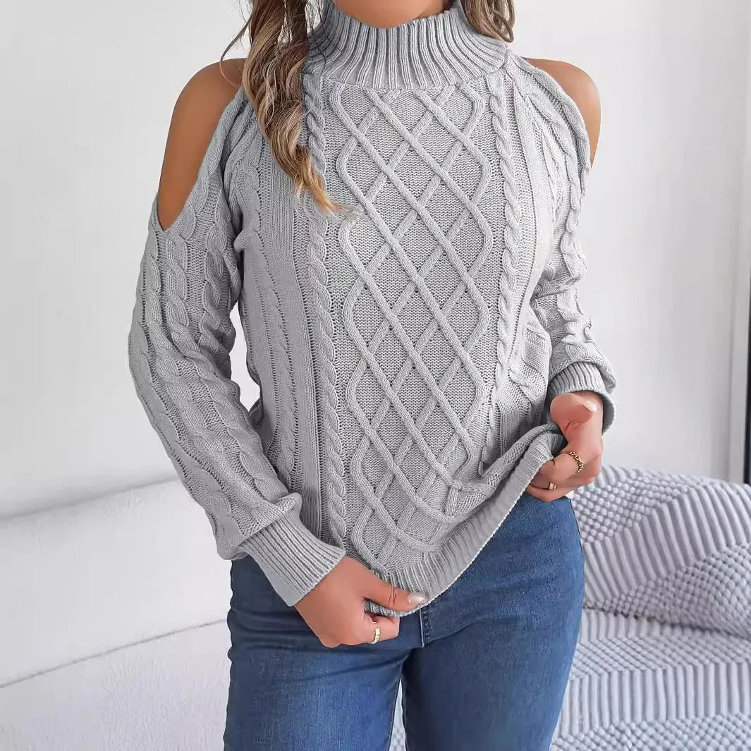Women's strapless sweater with twisted pattern, half-high collar and lantern sleeves in acrylic fabric