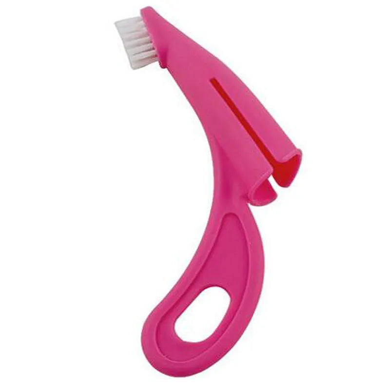 Red and white finger sleeve toothbrush for dog and cat dental care on a blue background.