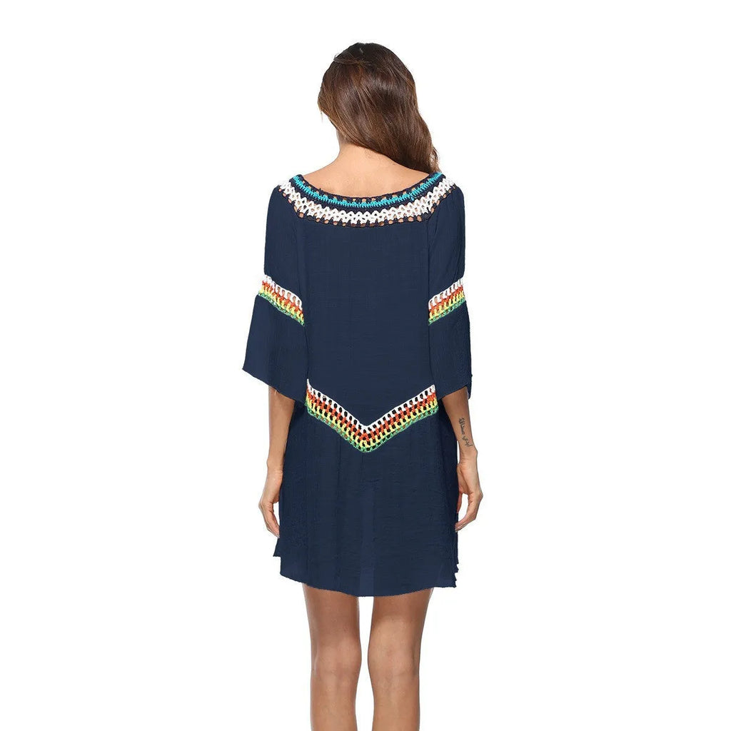 Crocheted ethnic style beach cover-up in polyester fabric for sun protection during swimming