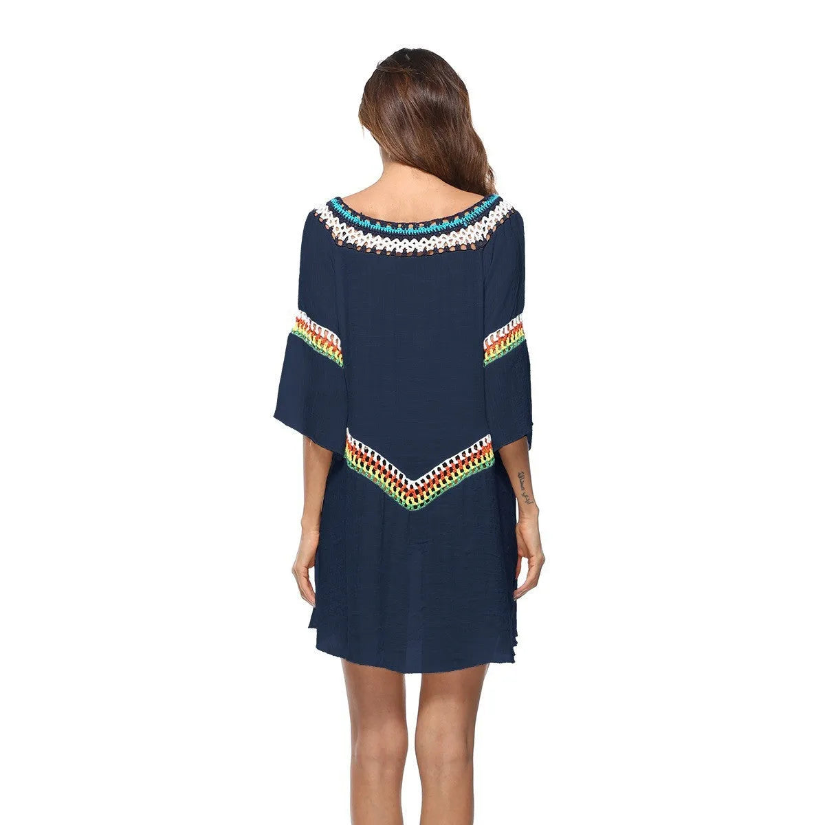 Crocheted ethnic style beach cover-up in polyester fabric for sun protection during swimming