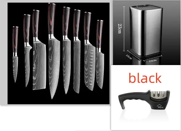 Chef knife with laser Damascus pattern blade, colour steel handle, showing 18cm blade length