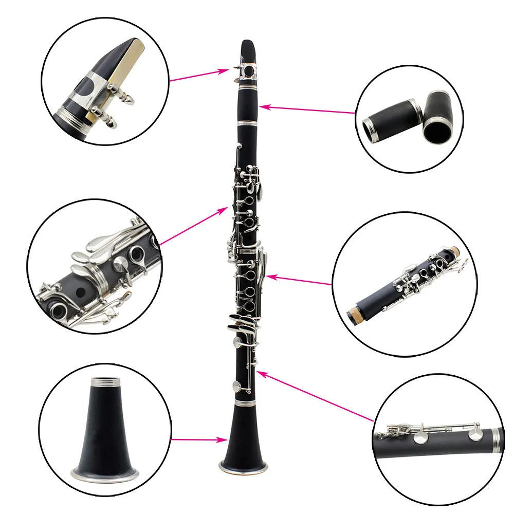 Black bakelite beginner clarinet with nickel keys and carrying bag for student musicians