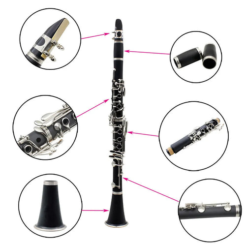 Black bakelite beginner clarinet with nickel keys and carrying bag for student musicians