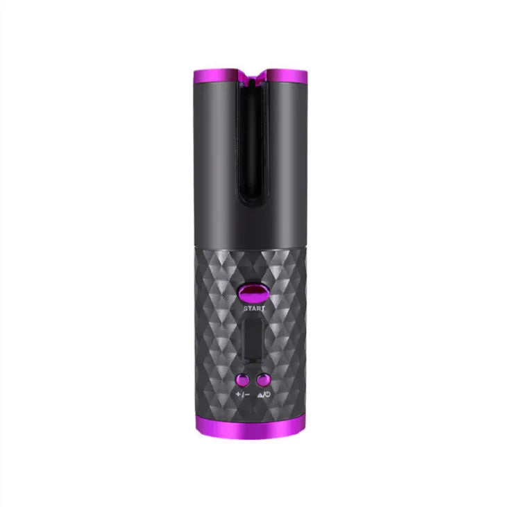 White portable automatic curling iron with USB charging cable and gold ceramic curling barrel.