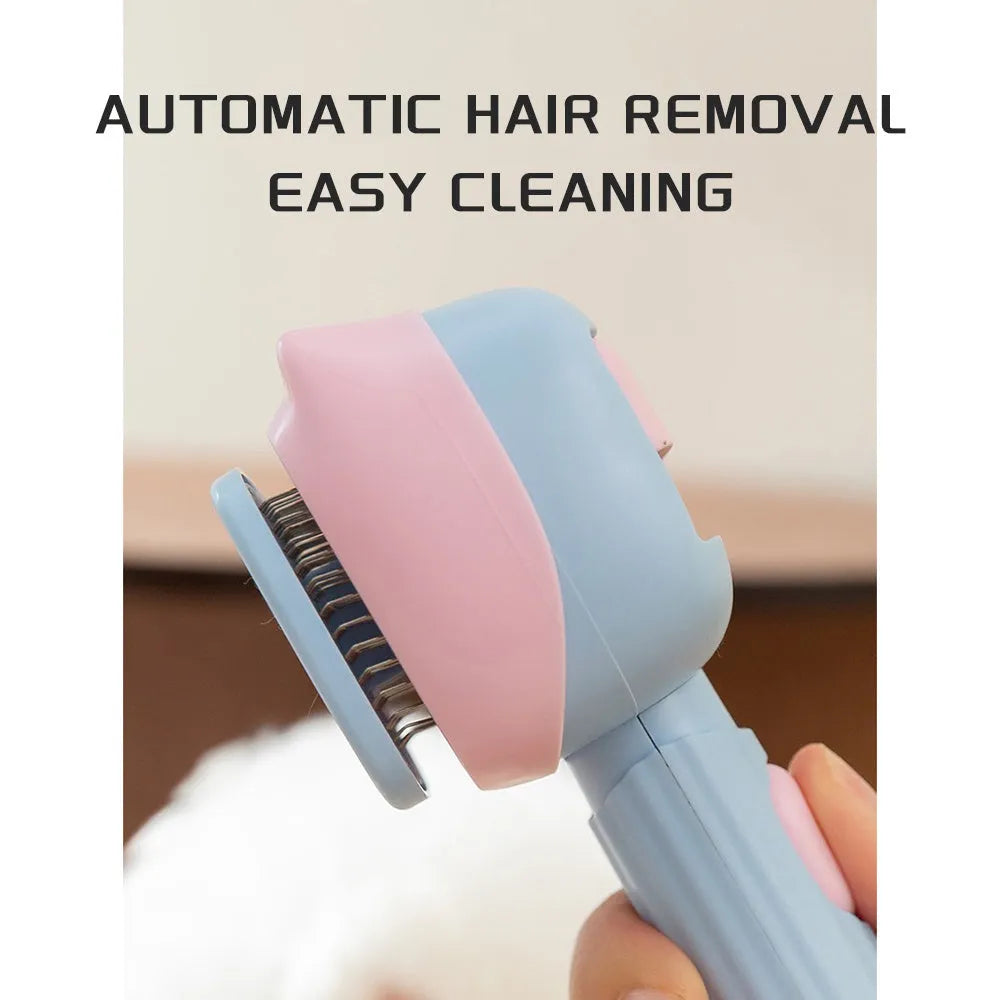 Blue pet grooming brush with double-sided deshedding rake and dematting comb tool