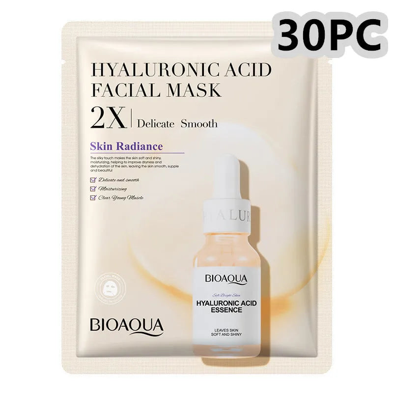 Single collagen hyaluronic acid facial sheet mask with 30g gel serum, shown on white background